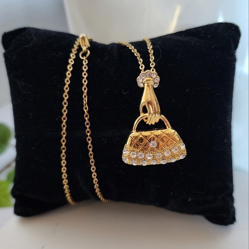 Hand Holding Purse Pendant on 21" Chain Gold Plated Steel New
